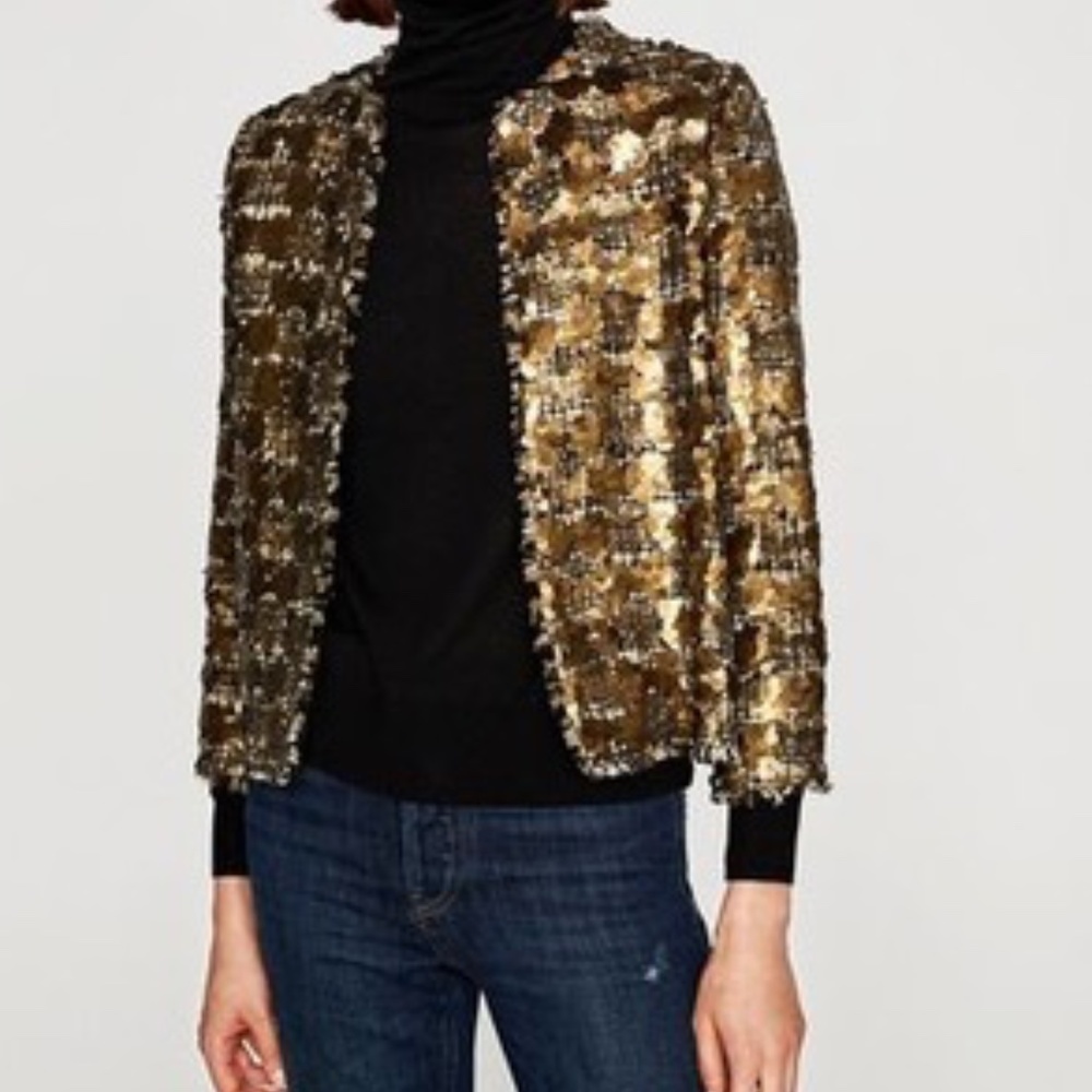 ZARA GOLD SEQUIN TWEED BLAZER